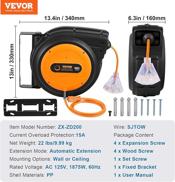 VEVOR Retractable Extension Cord Reel, 80 FT, Heavy Duty 12AWG/3C SJTOW - Image 7