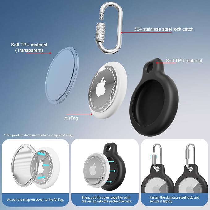 AirTag Holder with 304 Carabiner, 4 Pack IPX8 Waterproof Shockproof PC Hard Case - Image 2