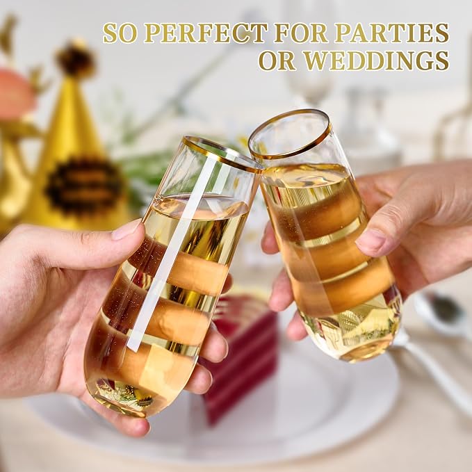 FOCUSLINE 24 Pack 9 Oz Plastic Stemless Gold Rim Champagne Flutes, Heavy Duty - Image 7