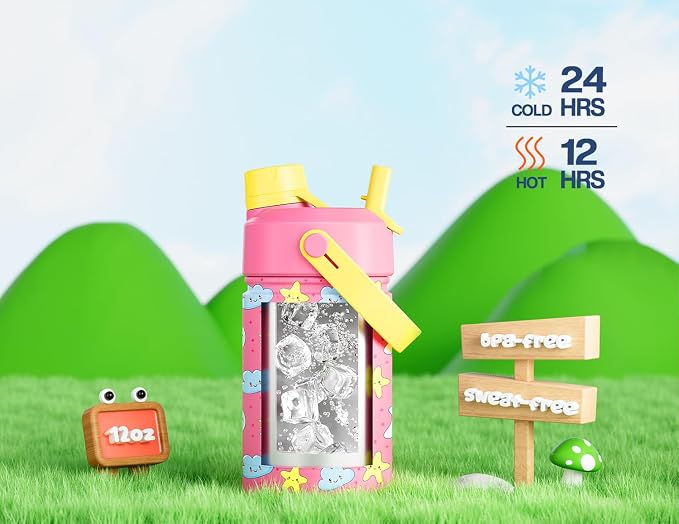 12 oz Kids Water Bottle for Girls: Leakproof, Durable Straw Spout Lid, 24H Cold - Image 4