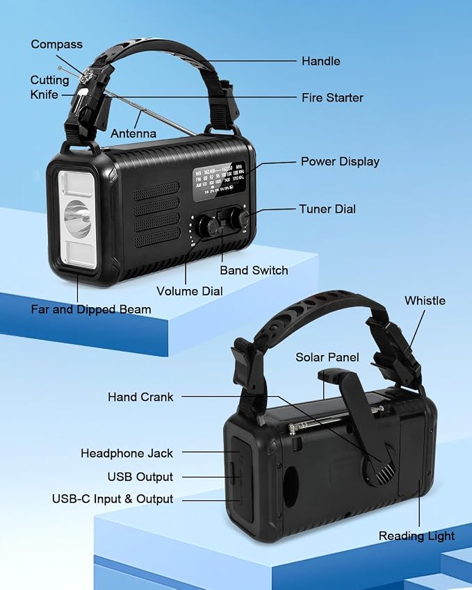 Emergency Crank Radio, 20000mAh / 74000mWh Solar Hand Crank Weather Radio - Image 5
