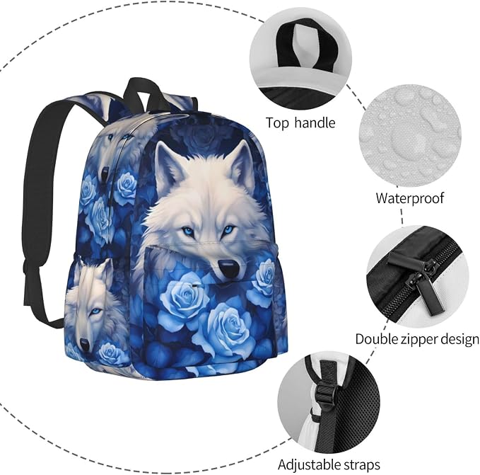 cfpolar 17 Inch Backpack Blue Rose Wolf Laptop Bag Shoulder Bag School Bookbag - Image 5