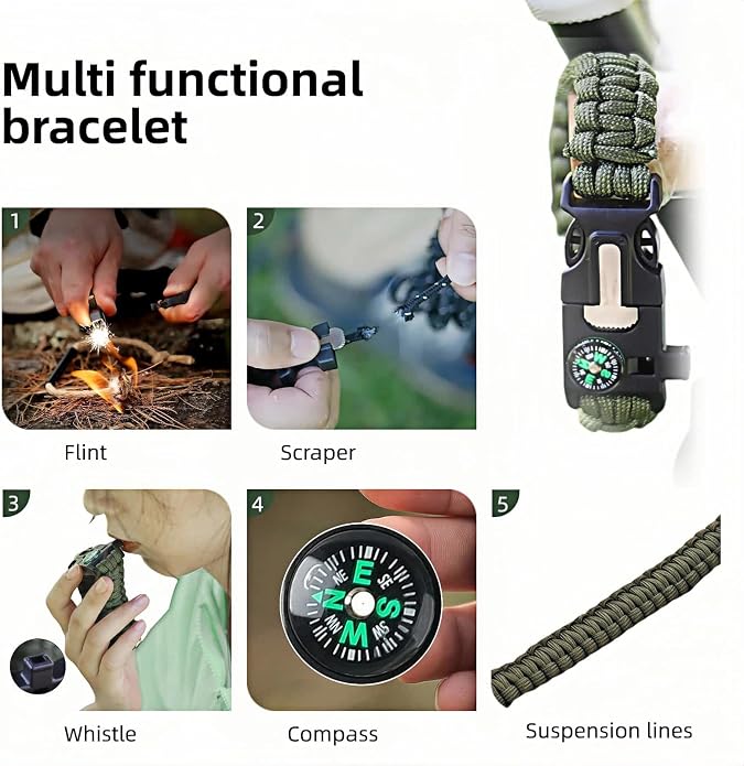 Chinshwehaw 5 in 1 Survival Bracelet-Fire Starter, Loud Whistle, Paracord Rope - Image 2