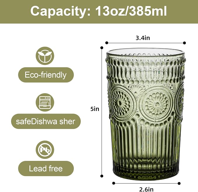 ZMOWIPDL Vintage Glassware Drinking Glasses Set of 6, 13 oz Green Textured - Image 2