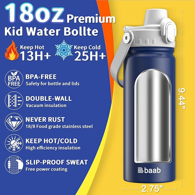 baab 18oz Kids Water Bottle, Insulated Kids Water Bottle - Image 2