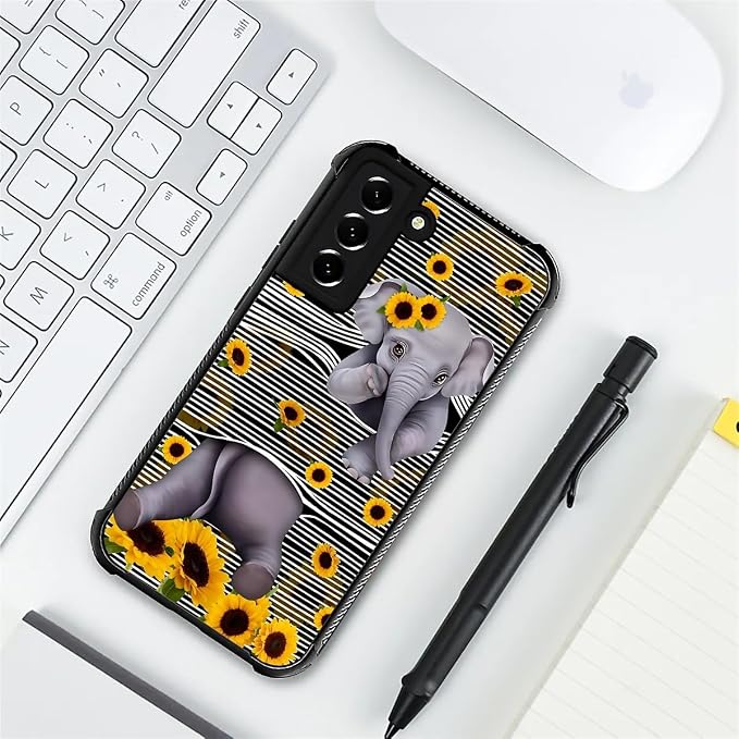 for Samsung Galaxy S21 Plus Case, Cute Little Elephant Sunflower White Line Art - Image 7