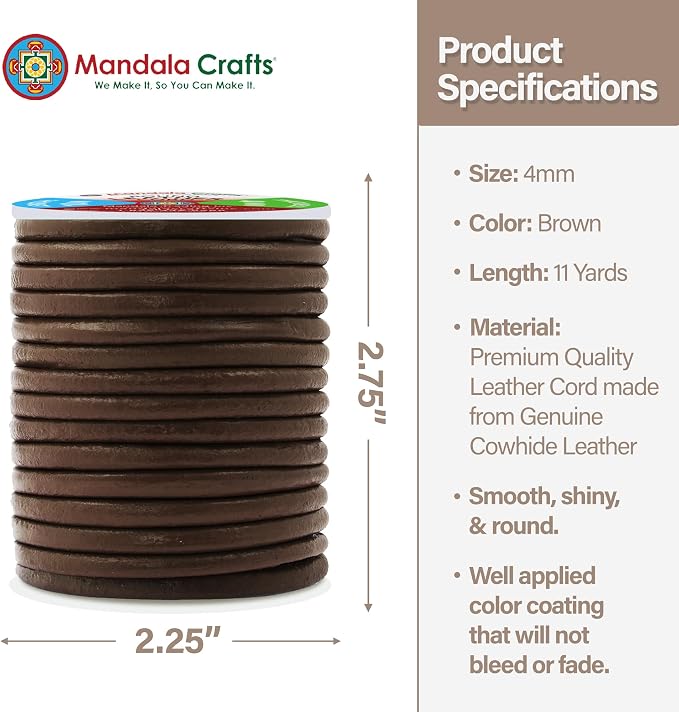 Mandala Crafts Round Cowhide Genuine Brown Leather Cord - Image 4
