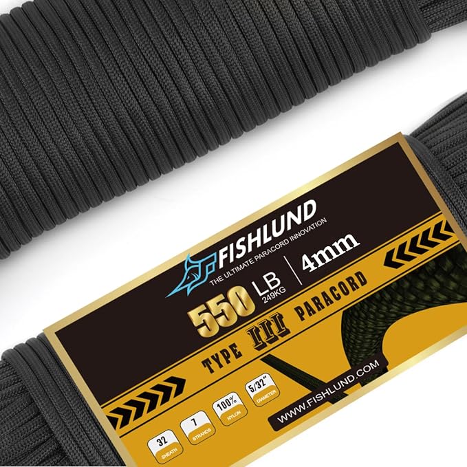 Paracord 550 lb, 7 Strand Paracord Rope 250ft 4mm, Nylon Parachute Cord by FISHLUND