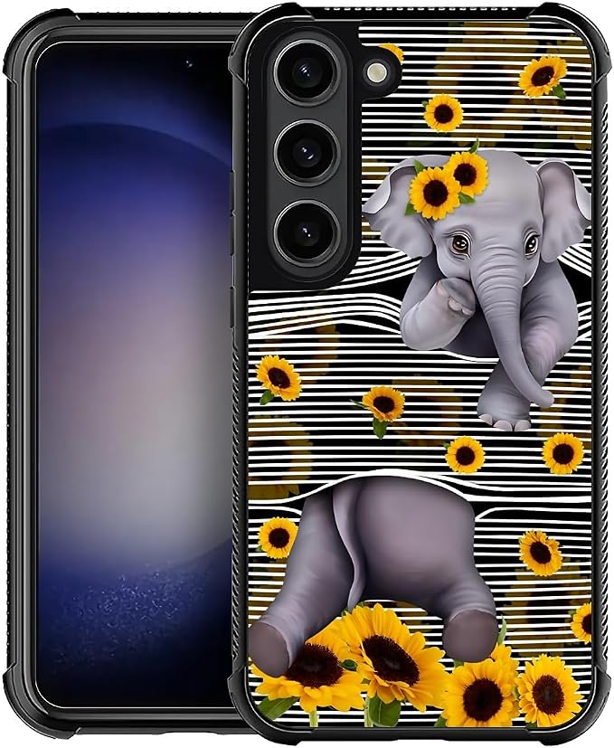 for Samsung Galaxy S23 Case, Cute Little Elephant Sunflower White Line Art by FKBRCL4U