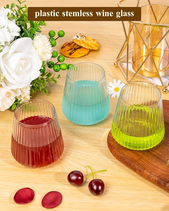 Goodluck 36 Pack 12oz Stemless Plastic Wine Glasses – Clear Ribbed Cups - Image 4