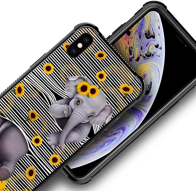 for iPhone X/Xs Case, Cute Little Elephant Sunflower White Line Art Pattern - Image 5