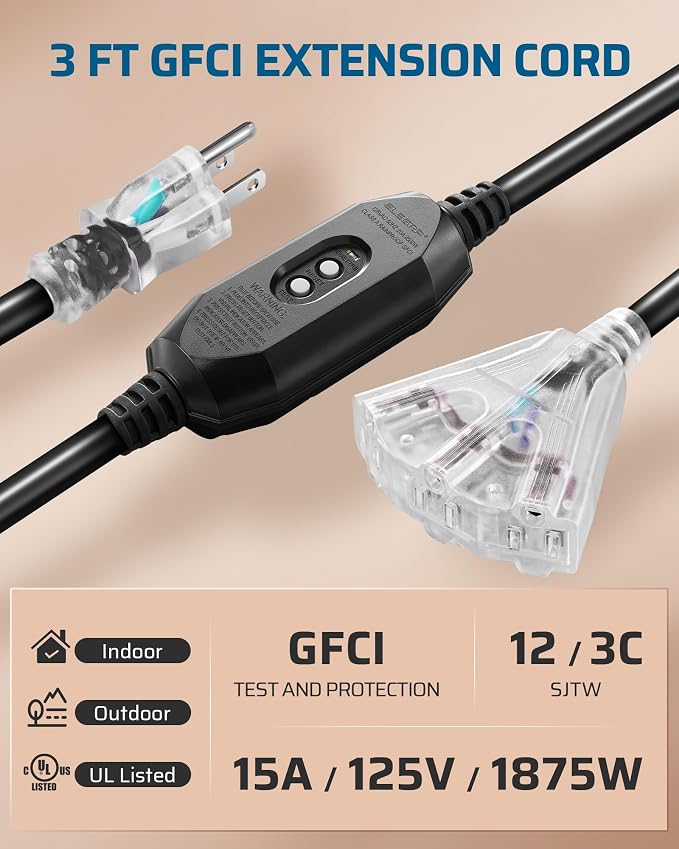 DEWENWILS 3 FT Automatic GFCI Extension Cord Outdoor, 12/3 Gauge Extension Cord - Image 2