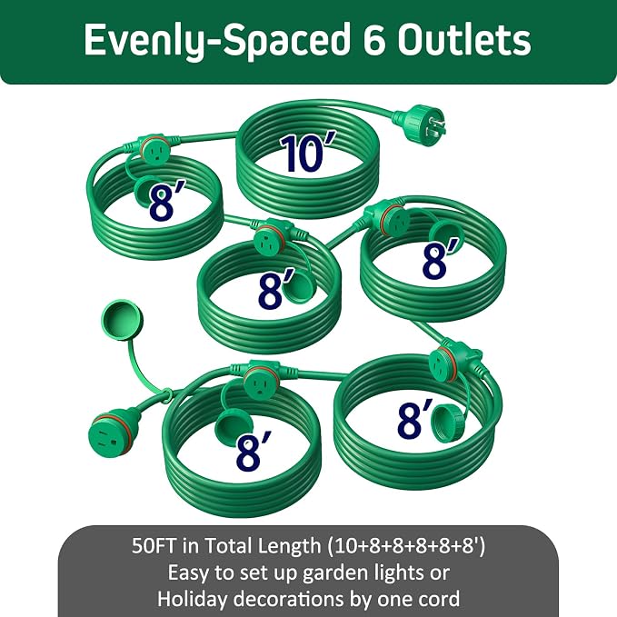 50FT Green Outdoor Extension Cord, Evenly Spaced 6 Outlets Plugs - Image 2