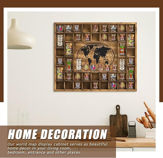GlikCeil 44 Slots 28 x 23'' Medium World Map Shot Glass Display Case Rustic - Image 5