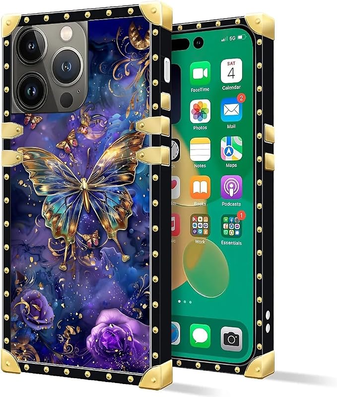 Compatible with iPhone 14 Pro Case, Glistening Golden Butterfly Vibrant Purple - Image 2