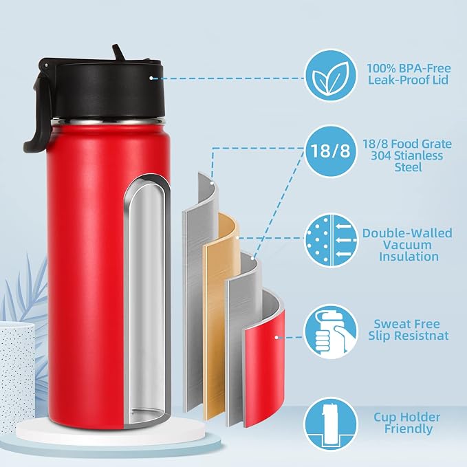 Volhoply 18oz Insulated Water Bottle Bulk 2 Pack, Kids Stainless Steel Water - Image 3