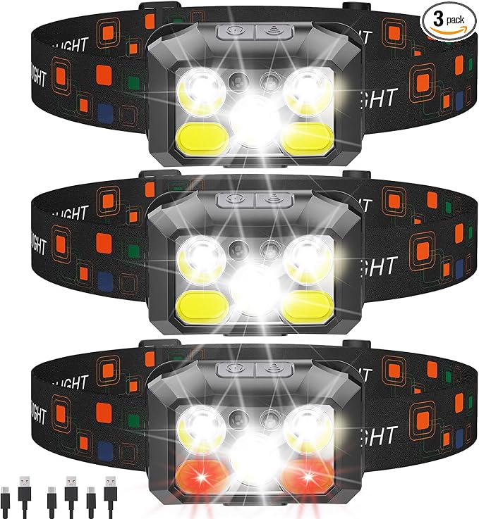 Rechargeable LED Headlamp 3-Pack, 800 Lumens, IPX4 Waterproof, 8 Modes by Unknown