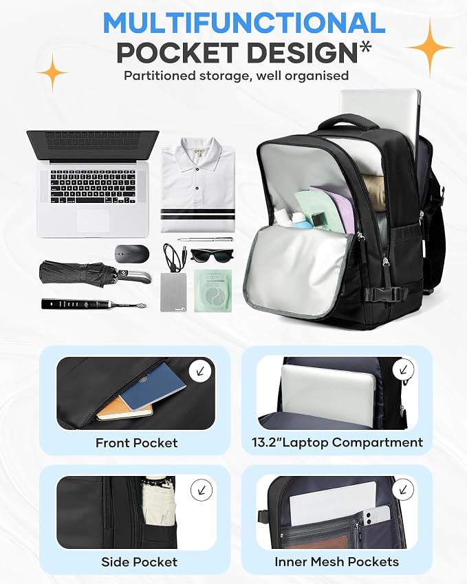 coofay Black Travel Backpack Carry on Flight Approved Mochila De Viaje Personal - Image 6