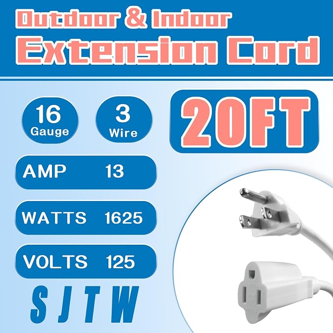 Indoor Outdoor Extension Cord 20 FT, 16/3 SJTW Weatherproof White Electrical - Image 2