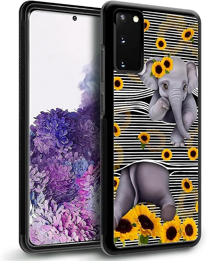 for Samsung Galaxy S20 Plus Case, Cute Little Elephant Sunflower White Line Art - Image 4