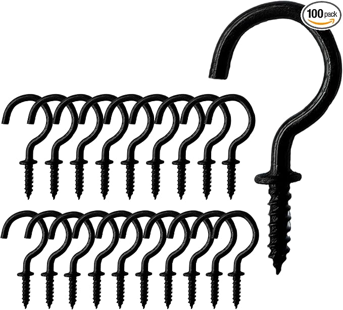 Set of 100 Nickel Plated Metallic Black Cup Hooks Small Hooks, 1/2 Inch by Pengchengwanli