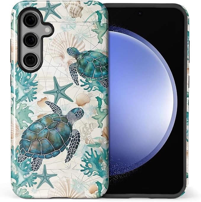 for Samsung Galaxy S25 Case, HL2 Ocean Sea Turtle Nautical Map Hybrid 2 Layer by Unknown