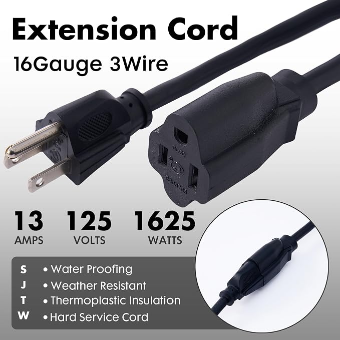 3ft Black Extension Cord Waterproof, UL Listed, 16/3 SJTW Heavy Duty 3 Prong - Image 2
