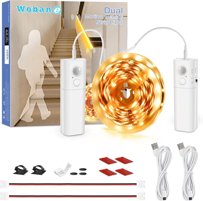 WOBANE Dual Motion Sensor Under Bed Lights, Rechargeable 16.4ft LED Light Strip by WOBANE