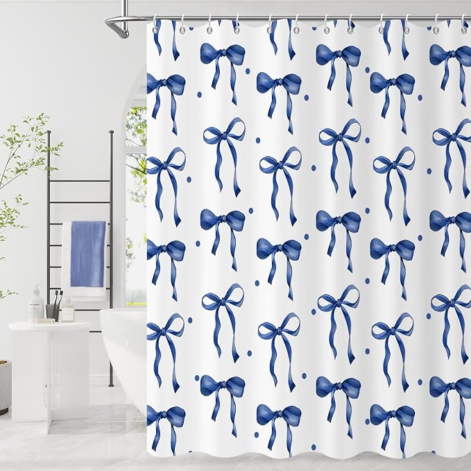 Navy Bow Shower Curtain by Caheansi