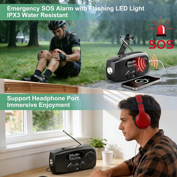 Weather Emergency Radio, Portable Solar AM/FM/NOAA Hand Crank Radio, Cell Phone - Image 5