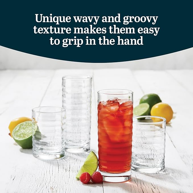 Libbey Pueblo Tumbler and Rocks Glass Set, Wavy and Groovy Drinking Glasses Set - Image 4