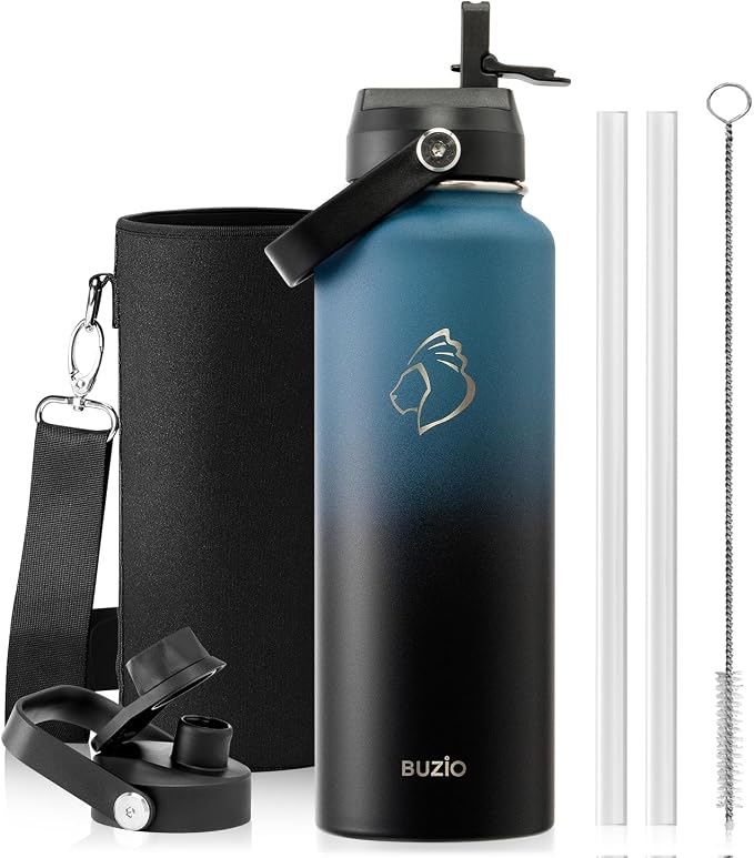 BUZIO Water Bottle with Straw Lid and Flex Cap, 40oz Double Vacuum Stainless by BUZIO