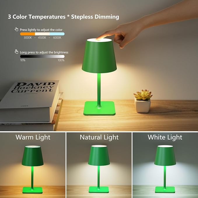 Yogaret Green Cordless Table Lamp Set of 2-3 Color Stepless and Dimmable - Image 6
