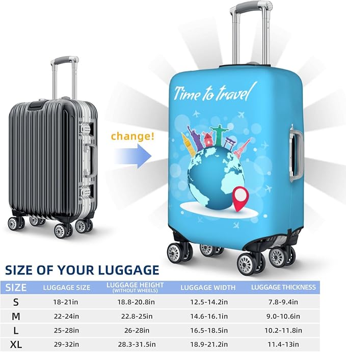 Travel Luggage Cover with Time to Travel Print, World Landmarks Design - Image 6