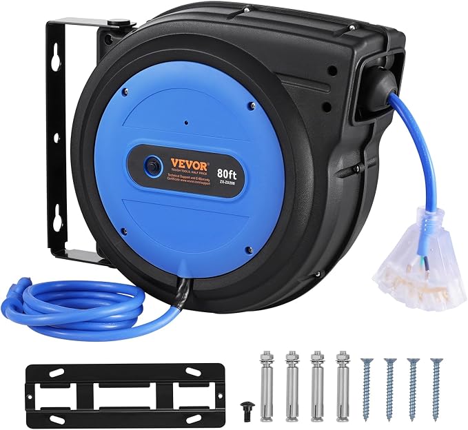 VEVOR 80FT Retractable Extension Cord Reel, 12AWG/3C SJTOW Heavy Duty Power - Image 9