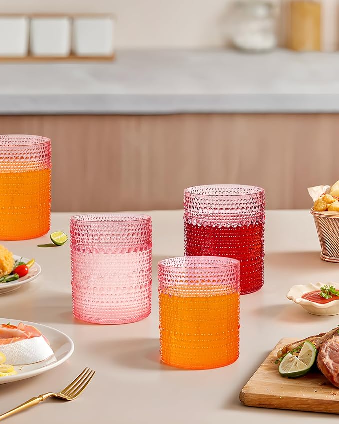 YOUBET 24PCS Plastic Drinking Glasses - 14OZ Pink Hobnail Drinkware Glasses - - Image 7