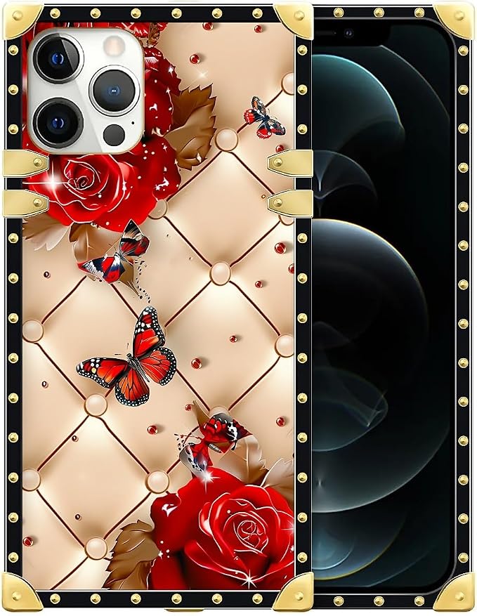 Compatible with iPhone 12 Pro Max Case, Shining Red Rose Butterfly Leather by Unknown