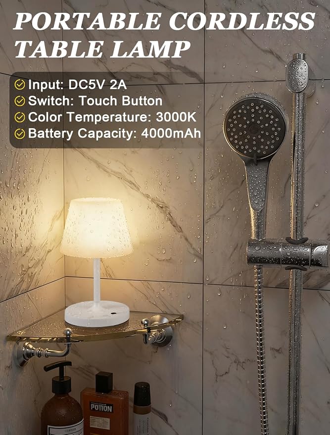 Kakanuo White Cordless Shower Lamp Waterproof, Rechargeable Table Lamp - Image 4