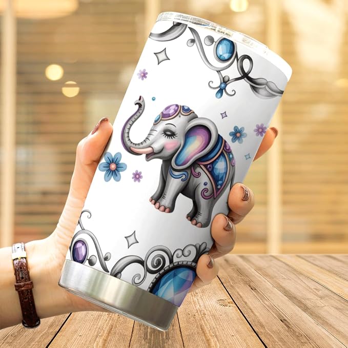 Cute Colorful Elephant With Floral Jewel Design Stainless Steel Tumbler - Image 4