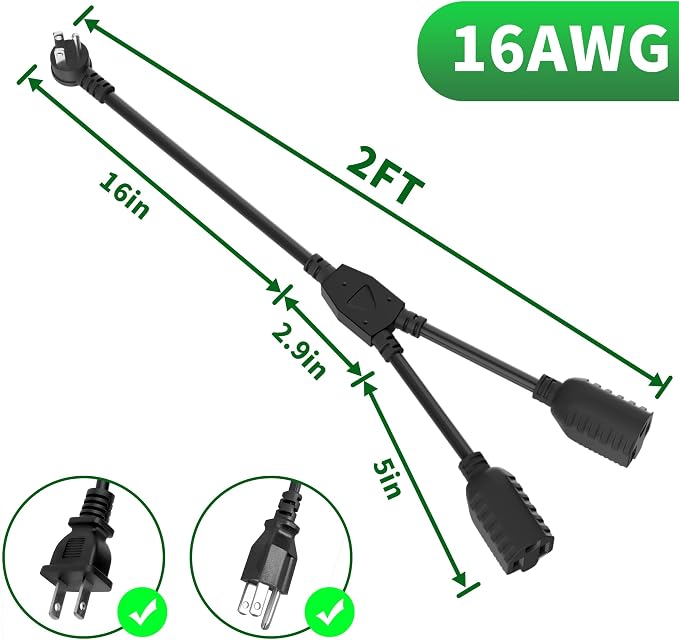 Elecan 3-Prong Y Splitter Power Extension Cord 2 Ft/2 Pack, 45-Degree Angled - Image 2