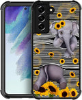for Samsung Galaxy S21 FE Case, Cute Little Elephant Sunflower White Line Art by FKBRCL4U