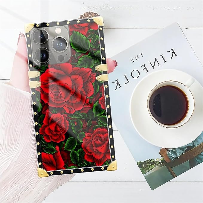 Compatible with iPhone 13 Pro Case, Vector Red Rose Green Leaf Luxury Golden - Image 7