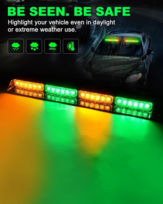 HLauto 6Z4J Emergency Dash Strobe Lights: 2x16.8 inch Green Amber Safety Lights - Image 3