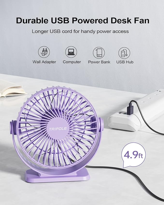 TriPole Desk Fan USB Powered Mini Portable Fan 3 Speeds Strong Airflow Small - Image 2