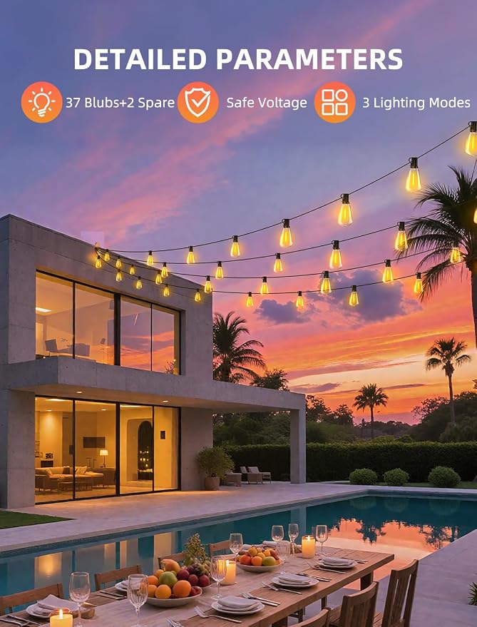 Outdoor Patio String Lights 100ft: ST38 LED Shatterproof Bulbs 3 Modes Button - Image 6