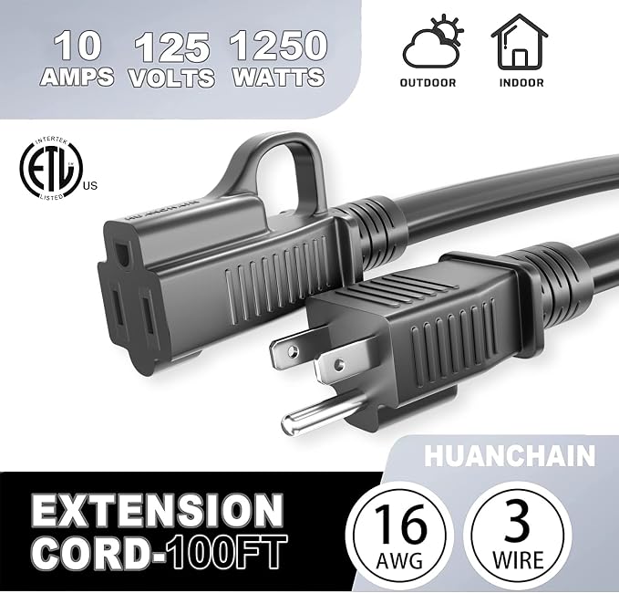 HUANCHAIN Indoor Outdoor Black Extension Cord 100 ft Waterproof, 16/3 Gauge - Image 7