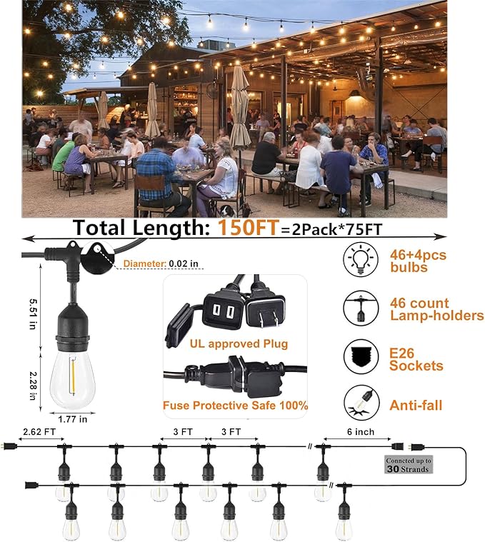 Outdoor String Lights LED 150FT Waterproof Heavy-Duty Patio Lights String - Image 2