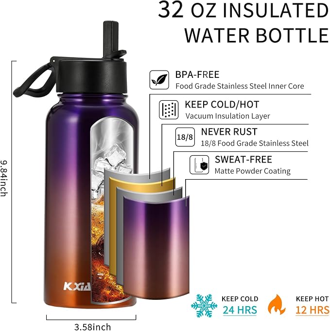 KXIAOCHEN Insulated Water Bottle, Stainless Steel Water Bottle, 2 Lids - Image 5