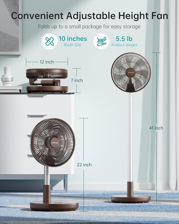 TriPole Foldable Standing Fan 12" Portable Rechargeable Battery Pedestal Fan - Image 5
