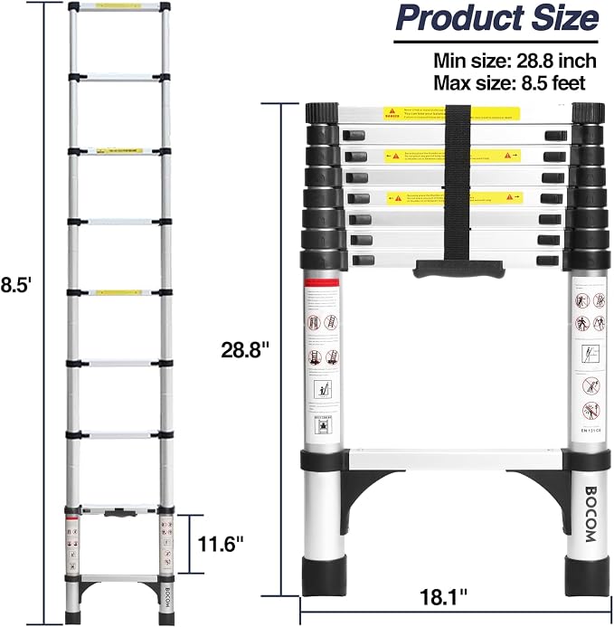 BOCOM 8.5 FT Aluminum Telescoping Ladder, Lightweight Multi-Purpose Collapsible - Image 5